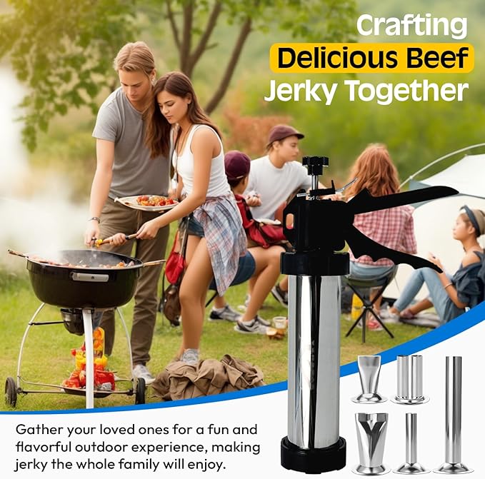 Professional Jerky Gun Kit – Stainless Steel Beef Meat Maker Machine with 5 Nozzles, 1 Meat Pusher, 5 Cleaning Brushes (2 Sets), Sausage Shooter Accessories & Bonus Pair of Gloves