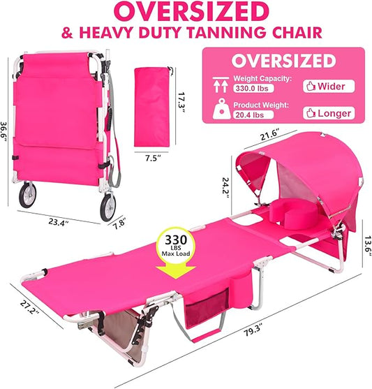 Wheel-To-Go Oversized Tanning Chair with Face Hole & Wheels | Portable Heavy Duty Folding Lounge Chair | Outside Sunbathing Reading Relaxing Beach Poolside | XL Wide | 330 LBS Pink (Patent Design)