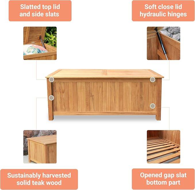 Cambridge Casual Arie 48-Inch Teak Outdoor Deck Box Storage Chest – Weather-Resistant Patio Organizer with Soft-Close Lid for Pool or Garden Storage, 49 Gallons