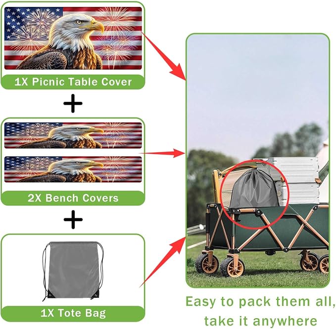 JAWO Bald Eagle American Flag Picnic Table Cover with Bench Covers, 4th of July Memorial Day Camper RV Essentials Gear Supplies Outdoor Waterproof Windproof Tablecloth with Elastic, 30X72in