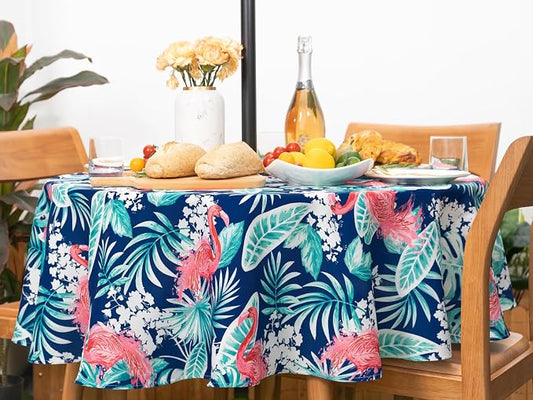 YiHomer Indoor Outdoor Tabletop for Spring Summer Decorations, Picnics and Dinner Parties - Stain and Water Resistant, Flamingo Dancing, Zipper Tablecloth, 60" Round with Umbrella Hole