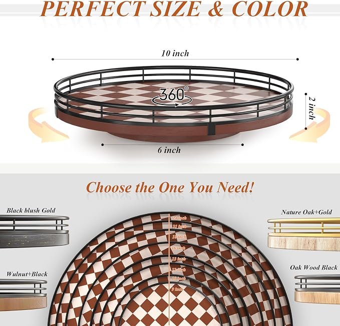 AMH 10-Inch Brown Checkerboard Lazy Susan Organizer with Black Metal Rail | Smooth rotating oak tray with walnut finish for dining tables, kitchen counters, pantries and cabinet storage.