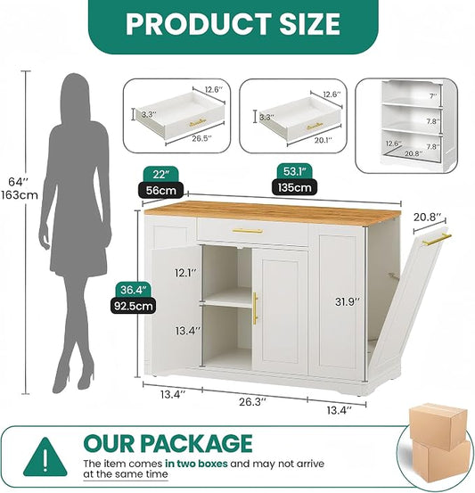 YITAHOME 53 inch Movable Kitchen Island with Trash Can Storage Cabinet | Portable Mobile Islands with Wheels for 13 Gallon Garbage Bin, White Oak