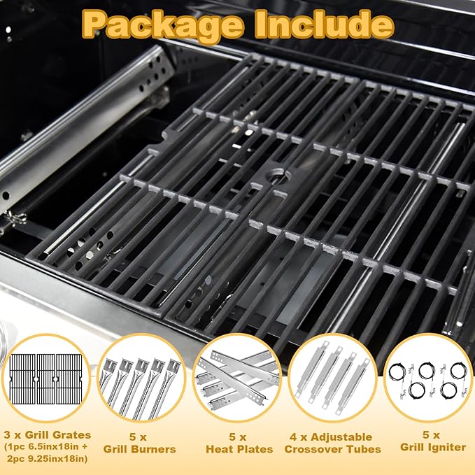 Replacement Grill Parts for Charbroil Performance 5 Burner 463347519 463275517 463347518 18" Grill Grate Burner Heat Plates for Char-Broil 4463243519 463373019 463243518 463373319 Gas Grill Parts Kit