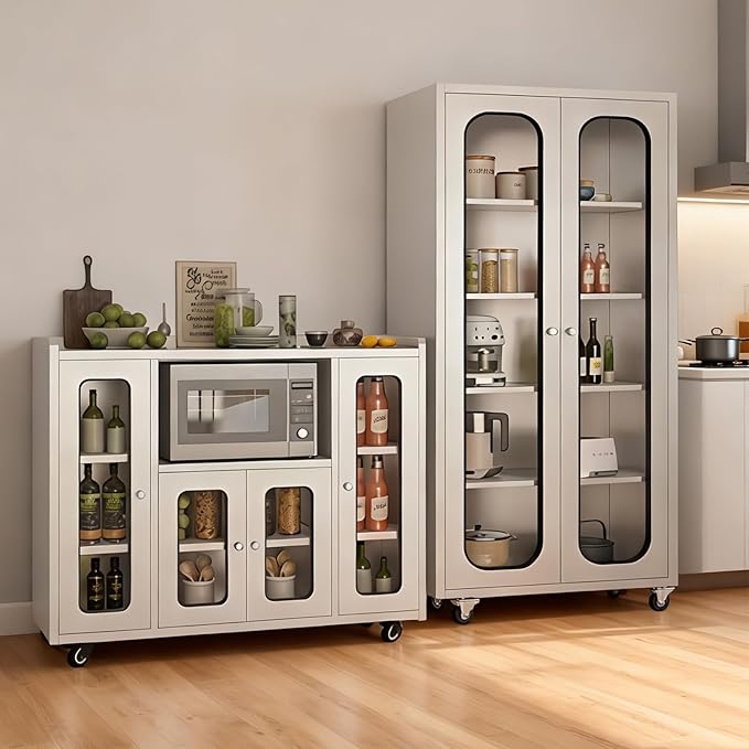 ZZV 68" Tall Stainless Steel Storage Cabinet with Wheels, Fully Assembled 5-Tier Kitchen Pantry Cabinet with Glass Doors for Garage, Utility Room, Laundry Room, Restaurant, Cafe, and Outdoor