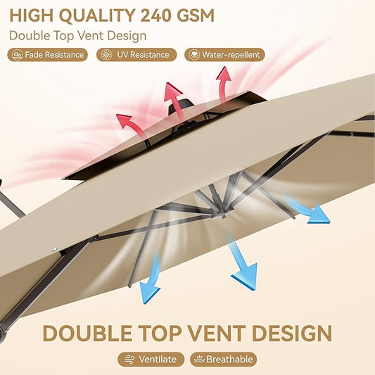 9x12 FT Patio Umbrella with base, Large Cantilever Rectangular Double Top Heavy Duty Offset Umbrellas with 360° Rotation, Outdoor shade for Garden Deck Pool, Tan