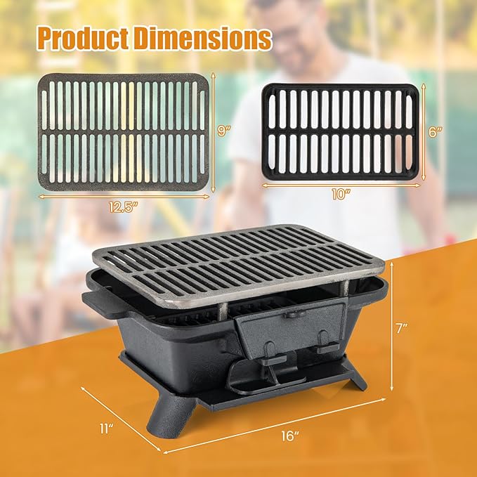 Moccha Cast Iron Hibachi Grill, Tabletop Charcoal Grill with Double-sided Grill Gate, Air Regulating Door, 2 Height, Grill Grate Lifter, Portable BBQ Grill Oven for Outdoor Camping, Picnic