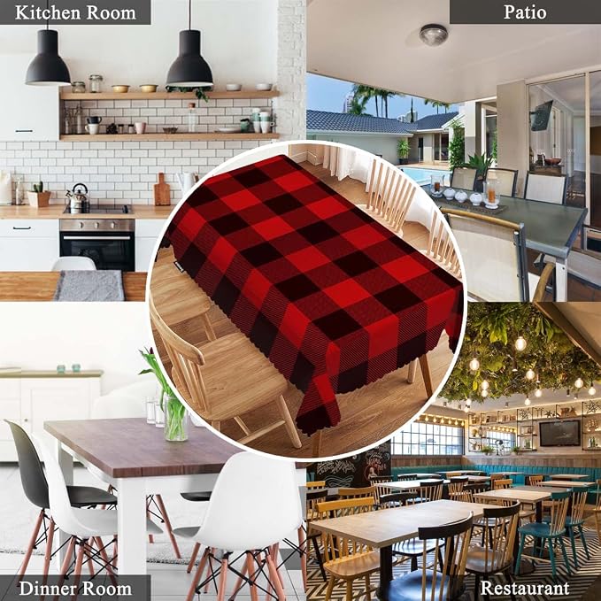 Swono Buffalo Plaid Red Table Cloth Classic Lumberjack Tartan Pattern Rectangle Tablecloth Red Black Picnic Table Cover BBQ Table Cloths Polyester for Kitchen 50x72 Inch