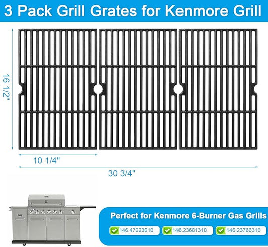 LS'BABQ 16.5 Inch Grill Grates Compatible with Ken-More 6-Burner 146.47223610 146.23681310 146.23766310 Gas Grill 3 Pack Cast lron Cooking Grids Replacement Parts