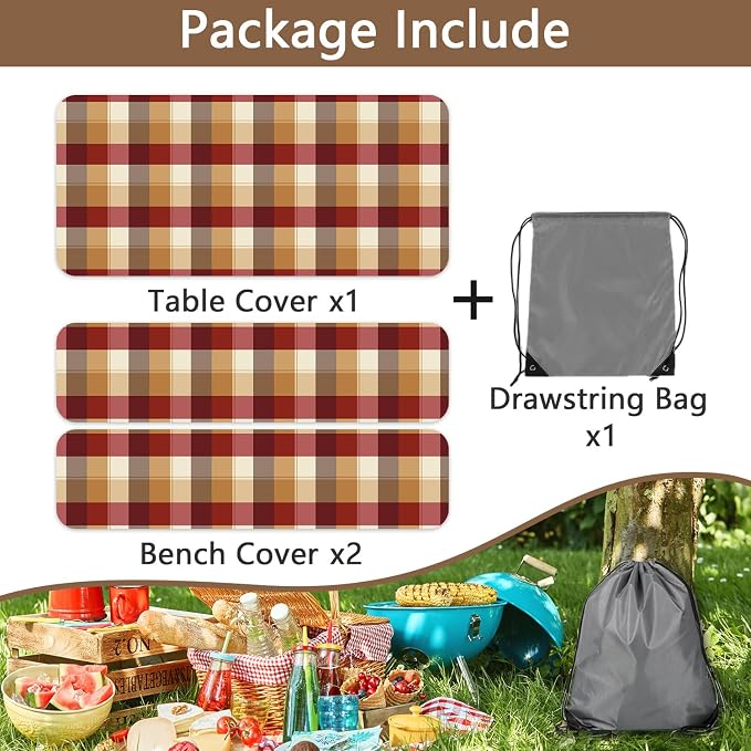 Checkered Style Picnic Table Cover with Bench Covers, Camping Essentials, Plaid Waterproof Windproof, Fitted Tablecloth Cover with Elastic Edge, for Indoor, Outdoor, 3 PCS, 30x72 Inch