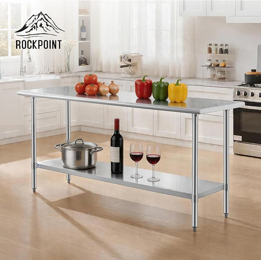 ROCKPOINT SS304 Top All Stainless Steel Table for Prep & Work 24x72 Inches, NSF Commercial Kitchen Heavy Duty Table with Adjustable Undershelf for Restaurant,Kitchen, Home and Hotel
