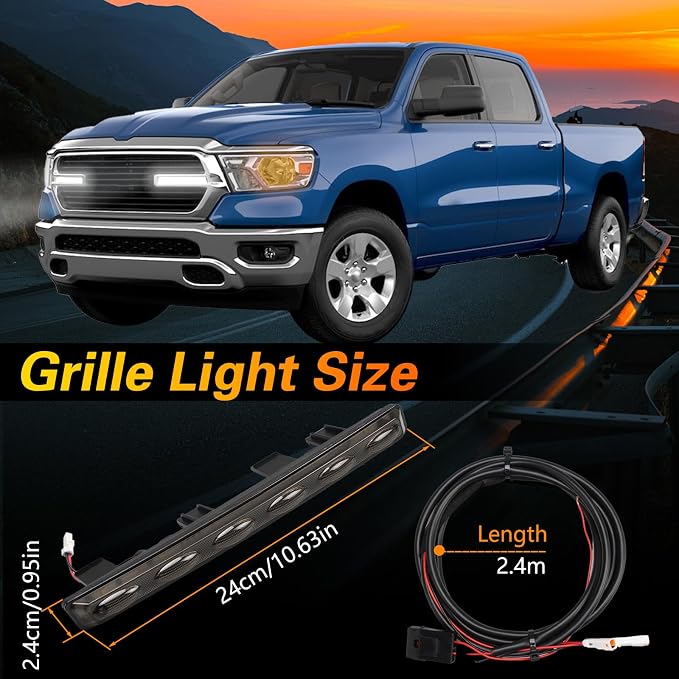 FUSCH Pair of LED Front Grill Lights Compatible with Dodge Ram 1500 Big Horn Laramie Tradesman 2019-2024, Exterior Grille Trim Lamp with Wiring Harness, Radiator Grille Light White - Smoked Lens