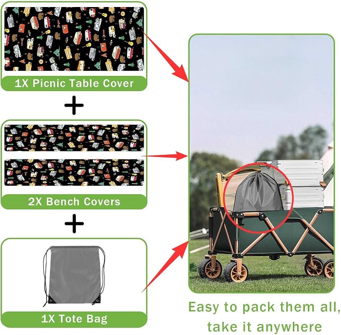 Picnic Table Cover with Bench Covers and Bag, Camping Rv Essentials, Waterproof Windproof Fabric, Fitted Tablecloth Cover with Elastic Edge, 3 PCS, 30x72 Inch, Black