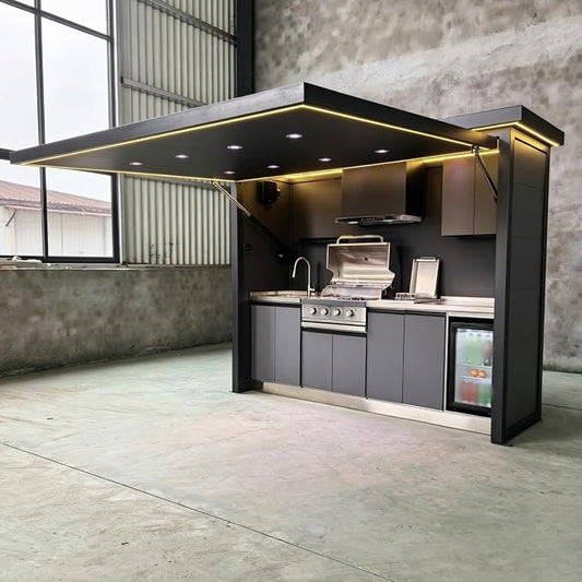 Prefab Outdoor Kitchen Kits, Modular Outdoor Kitchen Pod with Roof Storage Cabinet Burners Sink, Backyard Patio Outdoor BBQ Kitchen Island Cooking Station