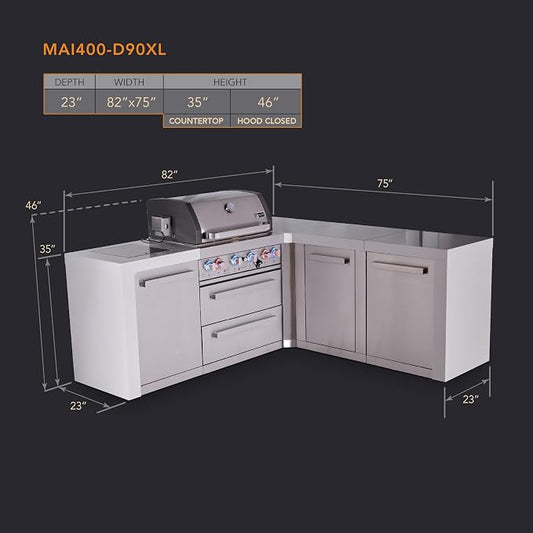 Mont Alpi Deluxe 82"W x 75"D x 46"H L-shaped Stainless Steel Outdoor Kitchen Island with Side Burner + 32"W 4-Burner BBQ Grill + White Granite Countertops & Sides + Storage Cabinets + Drawers + Cover
