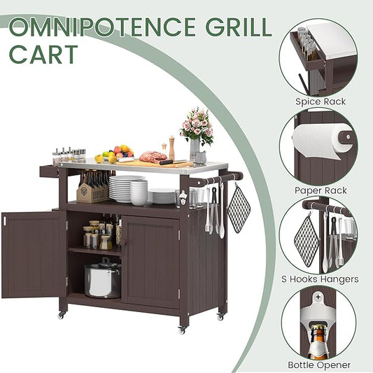 Weatherproof HIPS Outdoor Kitchen Island with Stainless Steel Top & Storage Cabinet, Movable Prep Table with Wheels for BBQ Food Prep, Outdoor Grill Cart for Parties, Brown