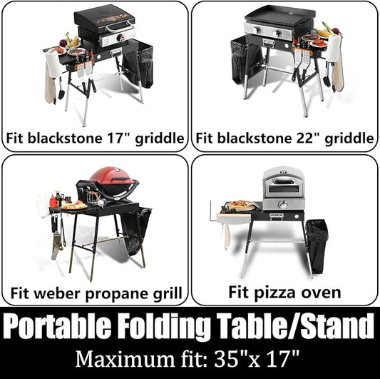 Portable Griddle Stand Compatible with Blackstone 17" or 22" Griddles - Folding Grill Table with Magnetic Tool Rack, Paper Towel Holder, Bottle Opener & Hooks for Outdoor Camping