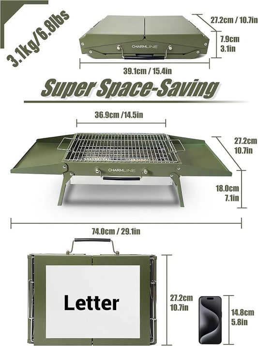 Charmline 15 x 11 inches Portable Charcoal BBQ Grill, Foldable Compact Camping Barbecue for 2–4 People, Ideal for Garden, Beach, Picnic & Tabletop Use, Green