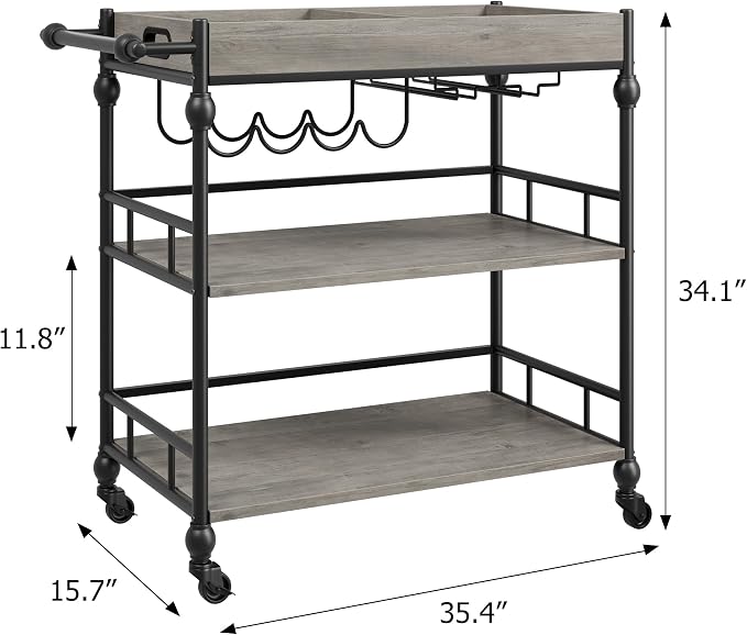 Garvee Bar Cart with Wheels, 3-Tier Rolling Serving Cart with Removable Tray, Mobile Kitchen Beverage Cart with Wine Rack & Glass Holder, Retro Roman Column Design, 35.4 x 15.7 x 34.1 Inches, Grey