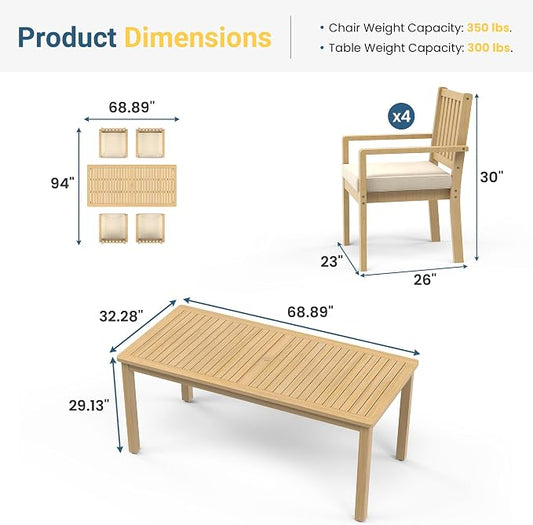 Wisteria Lane 5 Pieces Acacia Outdoor Patio Table and Chairs Set for 4, Patio Outdoor Dining Table Set with Cushion, Modern Outdoor Patio Set for Deck Lawn Backyard Garden, Brown