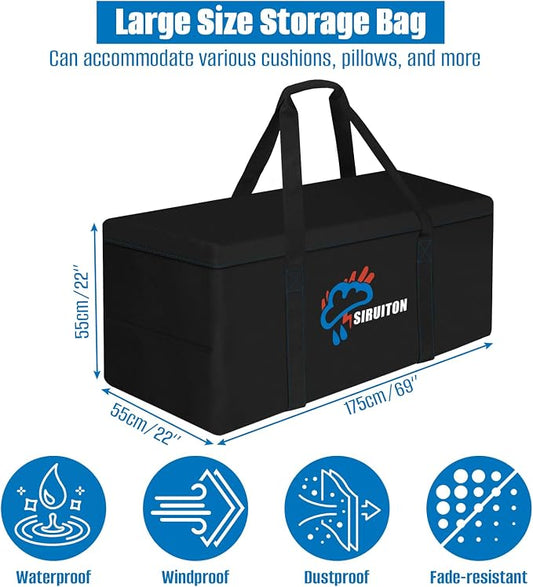 SIRUITON Cushion Storage Bag 600D Oxford,Waterproof,70"L x 21.7"W x 21.7"H | Heavy duty, rip proof, with handle & zipper, for patio & garden cushions, UV-resistant, all-weather protection