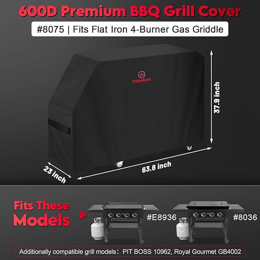 Comnova Grill Cover for Char Griller Flat Iron 4-Burner Gas Griddle - 600D Premium Gas Griddle Cover for Char Griller Waterproof & Heavy Duty, Fits E8936, 8036 Models - 63.8"L x 23"W x 37.9"H (8075)