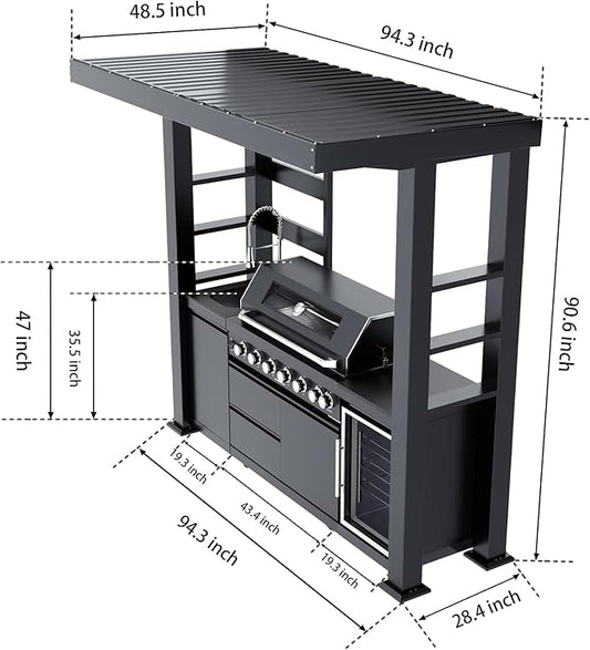 94-Inch 6-Burner 85000 BTU Natural Gas Grill Island with Shed, 304 Stainless Steel Black, Outdoor Kitchen with Wine Cooler, Rotisserie, Granite Countertops & Storage, For Backyard BBQ, Black