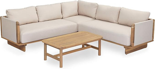 Merax 4 Piece Patio Outdoor Furniture Set, All-Weather V-Shaped Sectional Sofa with Cushions, 1 Coffee Table for Porch, Lawn, Backyard, Balcony, Light Teak+ Beige