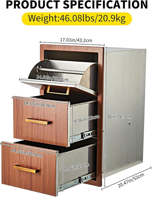 Garvee Outdoor Kitchen Drawers 17" W x 30" H x 21" D, Flush Mount Triple BBQ Drawers with Stainless Steel Handle, Paper Towel Holder Combo for BBQ Island, Patio Grill Station