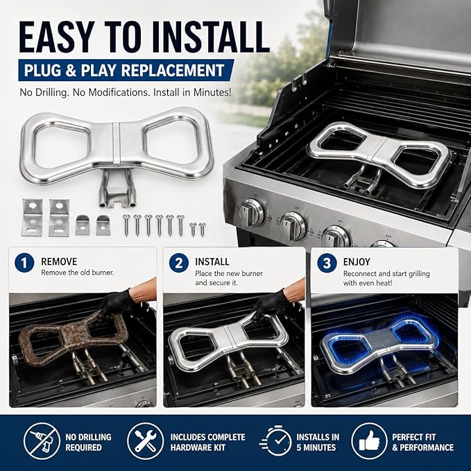DPP101 Stainless Steel Burner Set, Replacement for Broilmaster D3/P3Gas Grills (Pre-2011 Models) , 304 Stainless Steel Grill Replacement Burner, Includes Dual Venturi Tubes & Full Mounting Hardware
