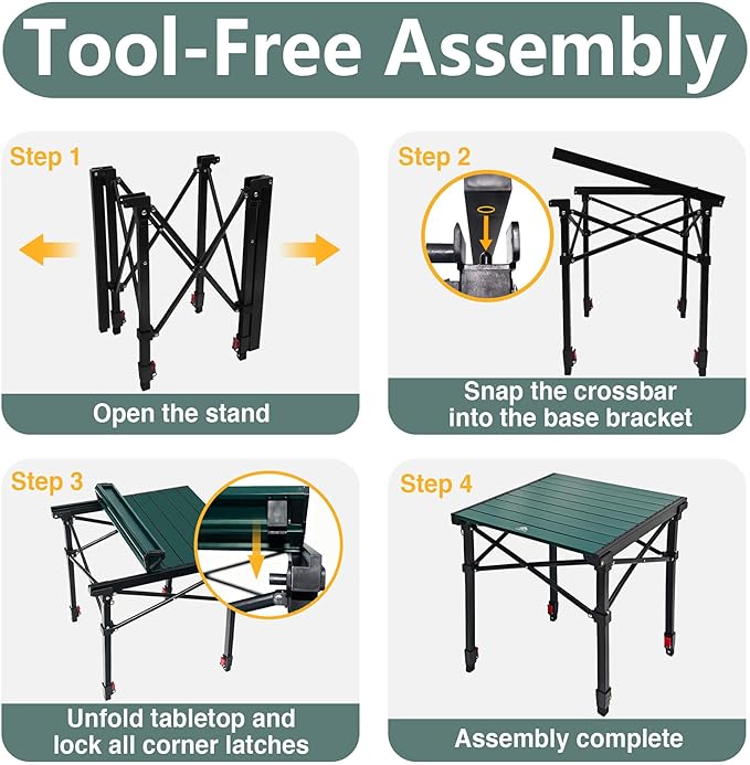 Camping Table Portable Foldable with Adjustable Height, Lightweight Collapsible Aluminum Roll-Up Camp Table with Storage Bag & Carry Bag, Heat-Resistant for RV Picnic BBQ Camping (Large 28"×25")