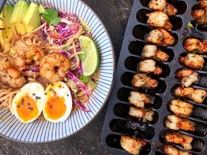 Outset Shrimp Cast Iron Grill and Serving Pan, Black, 22 Grilled Shrimp Capacity