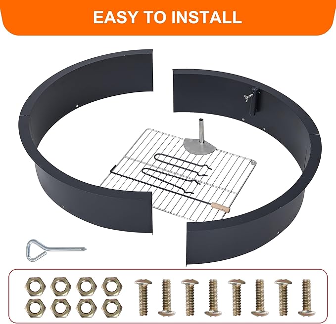 32" Outdoors Camping Firepit Ring, Wood Burning Fire Pits, Round Heavy Duty Firepits Ring with Tongs for Outdoor Park, Backyard