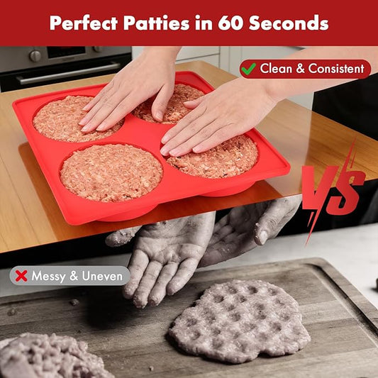 Silicone Burger Patty Maker & Freezer Tray, Grilling Cookware 4-Cavity Mold with Airtight Lid, Make 4 Perfect 4.7-Inch Patties at Once for Easy BBQ Prep & Freezer Storage