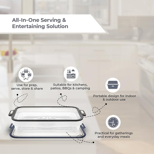 Multi-Purpose Serving and Entertaining Tray with Foldable Silicone Lid and Divided Plates, Stainless Steel Serving Set for Kitchen, Camping, BBQ and Outdoor Events
