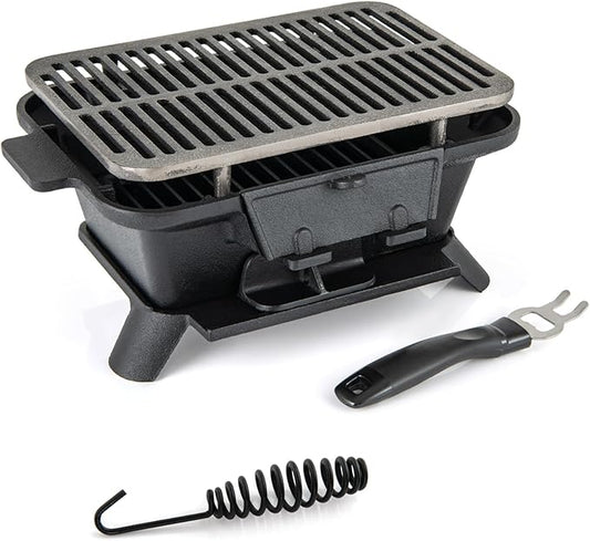 Moccha Cast Iron Hibachi Grill, Tabletop Charcoal Grill with Double-sided Grill Gate, Air Regulating Door, 2 Height, Grill Grate Lifter, Portable BBQ Grill Oven for Outdoor Camping, Picnic