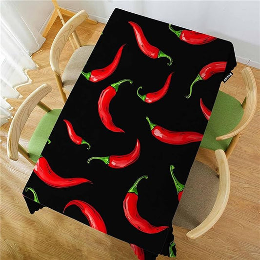 Swono Chili Pepper 52"X70" Oblong Table Cloth Red Hot Chili Pepper On Black Wrinkle Free Table Cover Farmhouse Tablecloth for Home Restaurant Picnic Indoor Outdoor Dining, 4-6 Seats