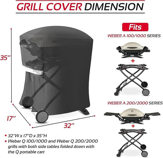 7113 Grill Cover Compatible with Weber Q100 Q120 Q1000 Q1200 Q200 Q220 Q2000 Q2200 Q2400, Heavy Duty 600D UV Resistant Weatherproof BBQ Cover for Weber Q 100/200 Series Portable Tabletop Grills