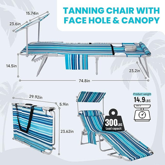 #WEJOY3in1 Tanning Chair with Face Hole & Canopy, 5-Pos Folding Face Down Lounge Chair for Outside Beach Pool, 300lbs Heavy Duty Portable Sun Lounger with Pillow Storage Bag(Bluestrips)