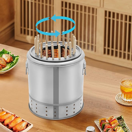 Large Portable Charcoal Grills Vertical Smoker Grill Mesh Barrel with Kabob Skewers Stainless Barbecue Roaster 360° Smokeless Outdoor BBQ Hanging Stove for Travel Camping (20 Skewers-3)