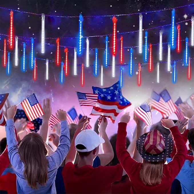 4th of July Decorations Outdoor, USA 250th Anniversary Red White and Blue Solar Meteor Shower Lights, 18 Tubes 432 LEDs Waterproof Patriotic String Lights for Independence National Memorial Day Decor