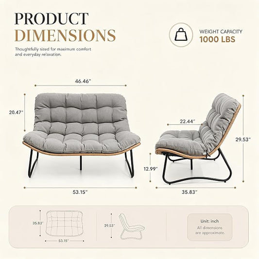 Outdoor Loveseat 2-Seat Wicker Rattan Boho Patio Sofa Grey 1PC | 53"x36"x30", 13" seat height. 4" thick cushions, 1000lb cap. All-weather PE rattan, rust-proof frame. Grey, 1PC.