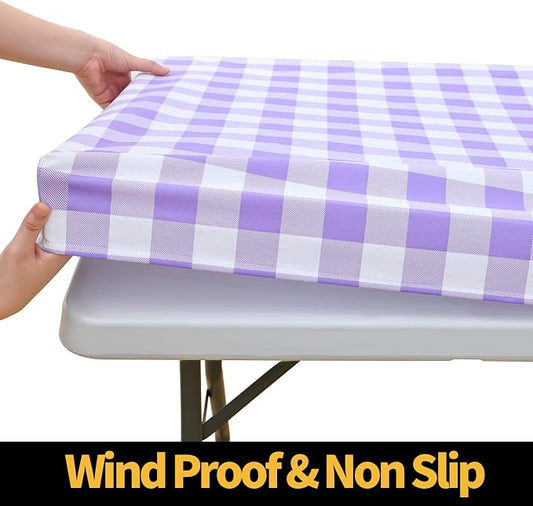 Smiry Rectangle Picnic Table Cloth, Elastic Waterproof Fitted Vinyl Tablecloths, Flannel Backed Buffalo Plaid Table Covers for Dining, Camping, Outdoor (White and Purple, 30" x 72")