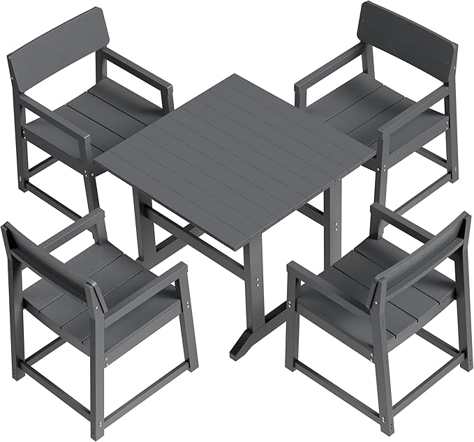 Shintenchi 5 Pieces Outdoor Dining Set,HDPE Outdoor Table and Chairs Set for 4,All Weather Patio Furniture Sets,Modern Wooden Textured Dining Sets for Backyard,Garden,Dark Grey