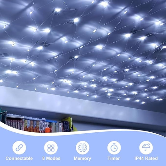 QITONG Net Lights Outdoor Mesh Lights, 12ft x 5ft 360 LED White Christmas Light with 8 Modes, Connectable Clear Wire Bush Light Plug in