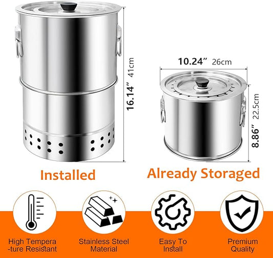 Stainless Smokeless Charcoal Grills Surround Charcoal Barrel Grill 360° Smokeless Outdoor Barbecue Grill for Travel for Travel, Outdoor Cooking and BBQ, Camping Grill Picnic Patio Backyard