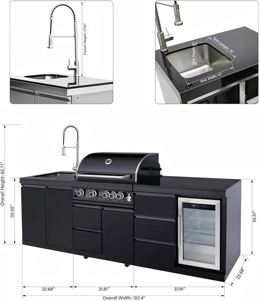 102.4'' Outdoor Kitchen Island, All-In-One 4 Burner Modular Outdoor Kitchen for Backyards, 59500 BTU, BBQ Grill with 304 Stainless Steel, Black Outdoor Kitchens with Sink, Refrigerator