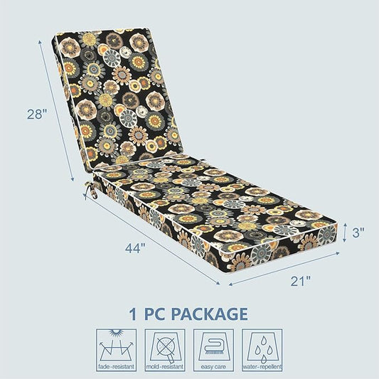 LVTXIII Outdoor Chaise Lounge Cushion 72x21x3 Inch, Water-Repellent Patio Seat Cushion with Ties & Hidden Zipper, Thick Foam Pad for Lawn Chair, Poolside, Patio Furniture, Black Yellow Crosby