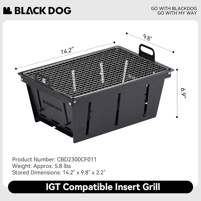 BLACKDOG IGT Compatible Insert Grill, Foldable Carbon Steel Charcoal Module for Modular Camp Kitchen System, Rapid Setup Handles, 14.2" x 9.8", Perfect Flush Fit