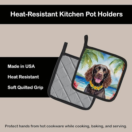 Caroline's Treasures American Water Spaniel Luau Pair of Pot Holders Kitchen Heat Resistant Pot Holders Sets Oven Hot Pads for Cooking Baking BBQ, 7 1/2 x 7 1/2